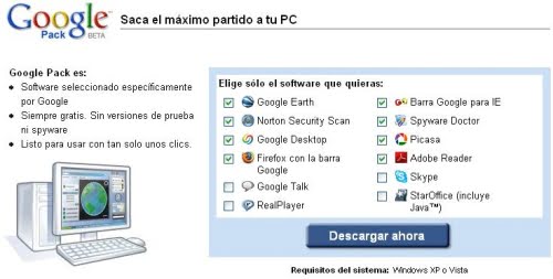 Vista del Google Pack