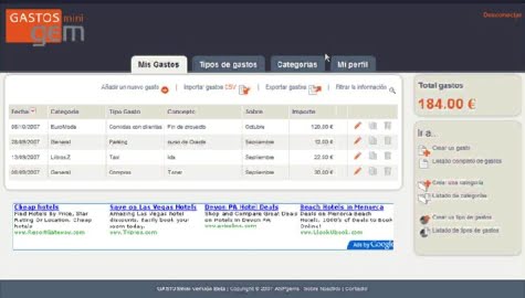 Pantalla de trabajo de Gastos Mini
