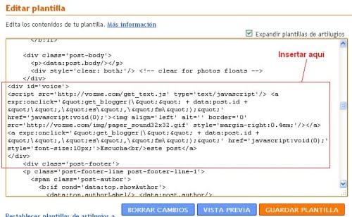 Insertando el código de vozMe en Blogger