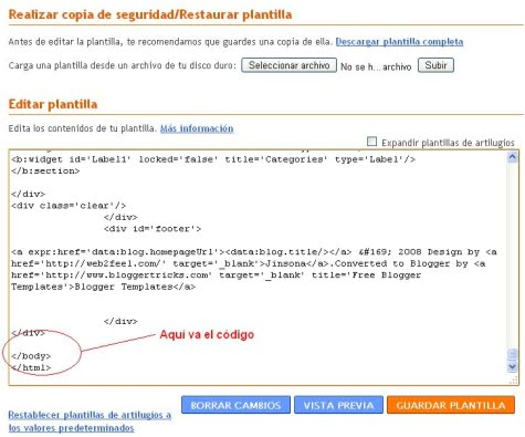 Donde se ubica el código en Blogger