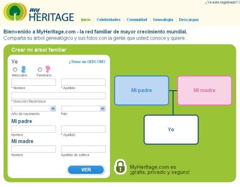 Pantalla de inicio en My Heritage