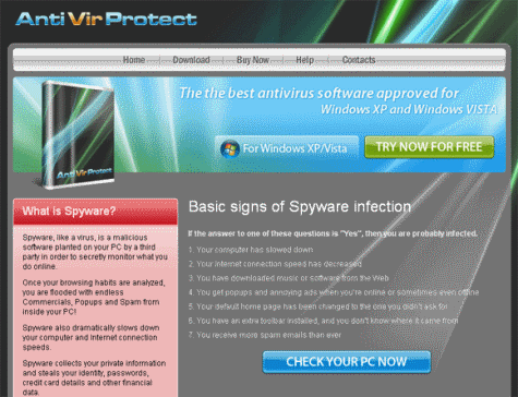 Sitio en Internet del malicioso Antivirprotect
