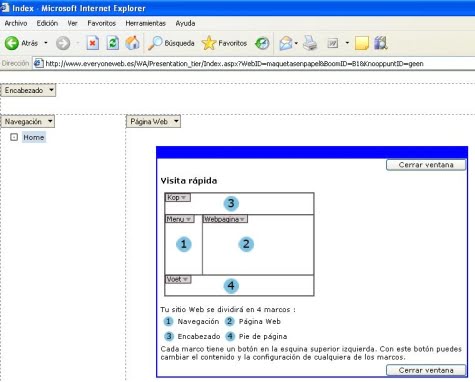 El modo diseño con los frames principales de la página Web