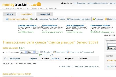 La pantalla contable de MoneyTrackin