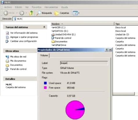 Gmail Drive se visualiza en el directorio Mi Pc como otro disco duro