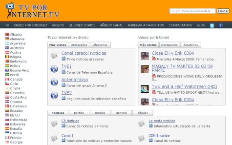 Pantalla incicial de Tv por Internet