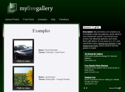 Opciones que muestra el servicio de MyLiveGallery