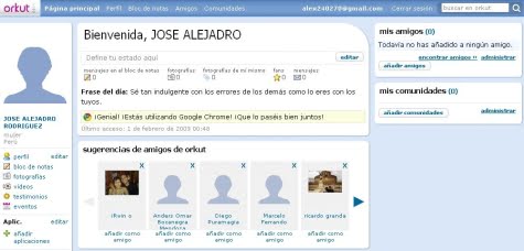 Un ejemplo de panel de control de Orkut