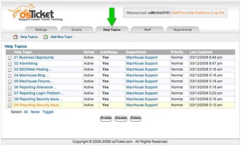 Pantalla de administración de OsTicket