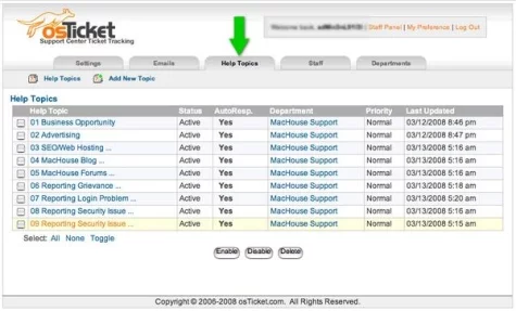 Pantalla de administración de OsTicket