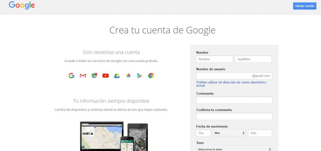 Formulario para crear cuenta en Gmail