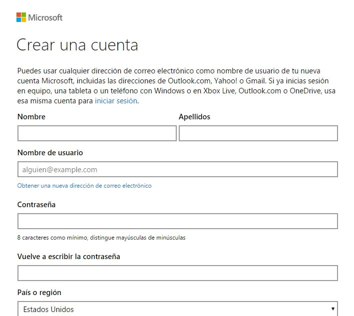 Crear cuenta en Hotmail