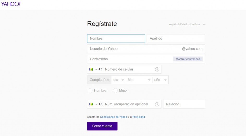 Formulario para crear cuenta en Yahoo!