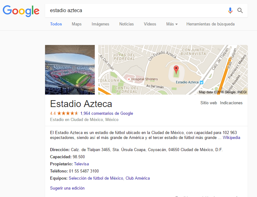 Cambio de Google en búsqueda "Estadio Azteca"