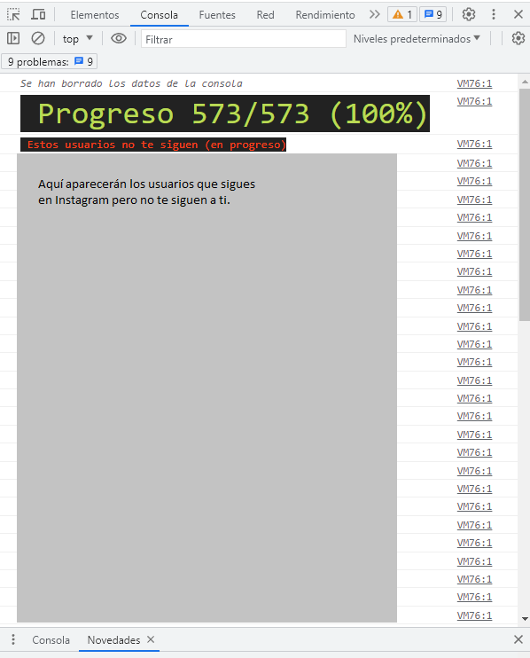 Resultado de ejecutar el código para saber quiénes no te siguen en Instagram.